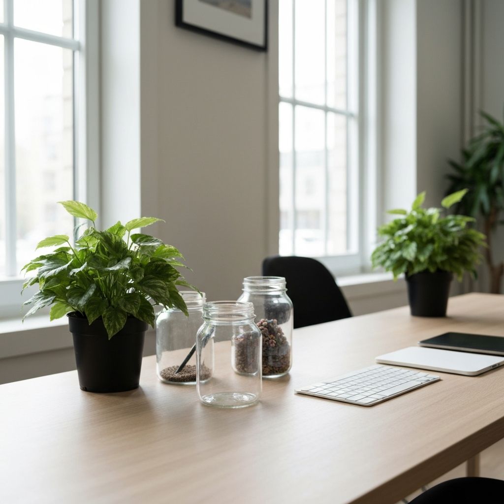 Ruhiger Arbeitsbereich mit grünen Pflanzen und Glasdosen